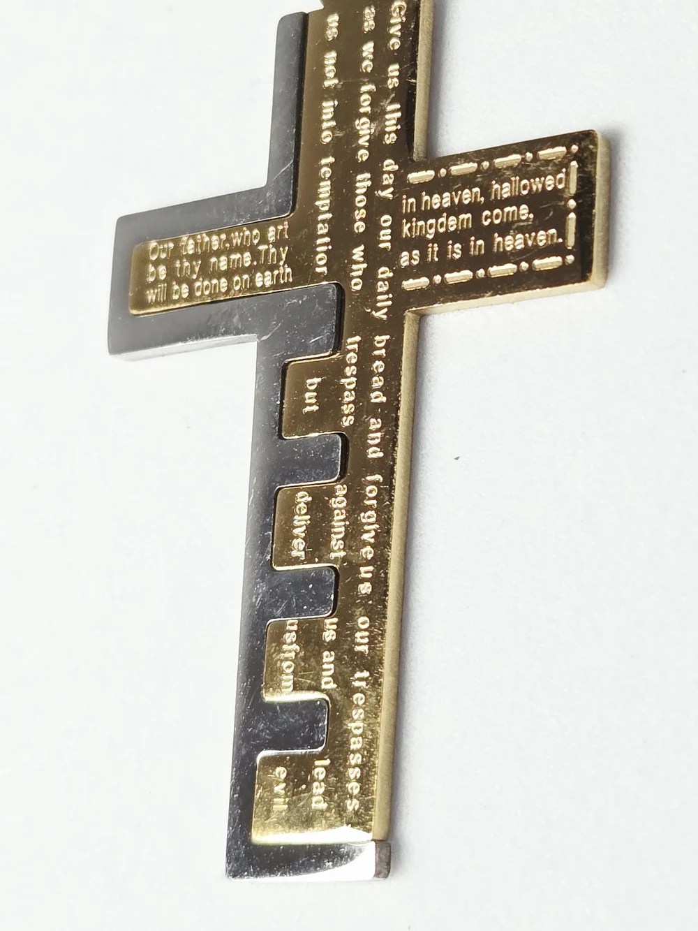 Lord's Prayer Cross Key Necklace Two Tone Stainless Steel 24